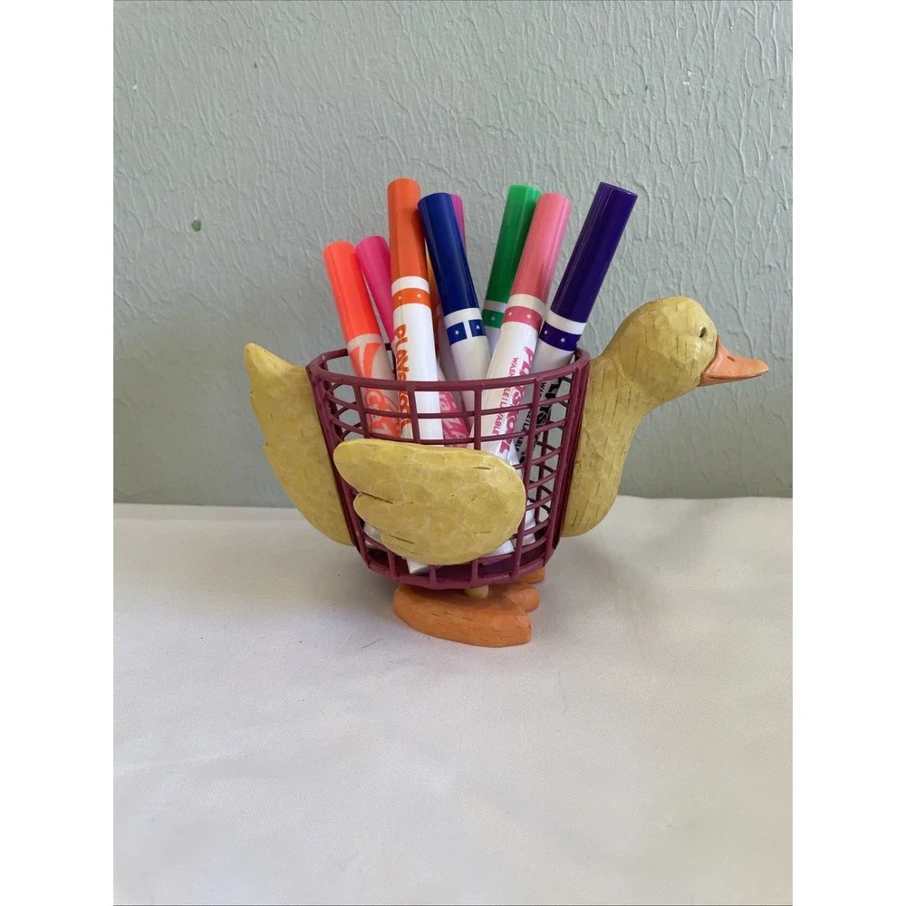 Vintage RUSS Berrie Duck Wire Basket Plant Pen Holder Hand Painted Kids Desk
